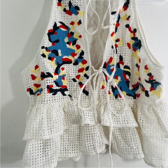 Anthropologie Hemant & Nandita Basanti White Multicolor Eyelet Tie Tank Medium - Picture 6 of 13